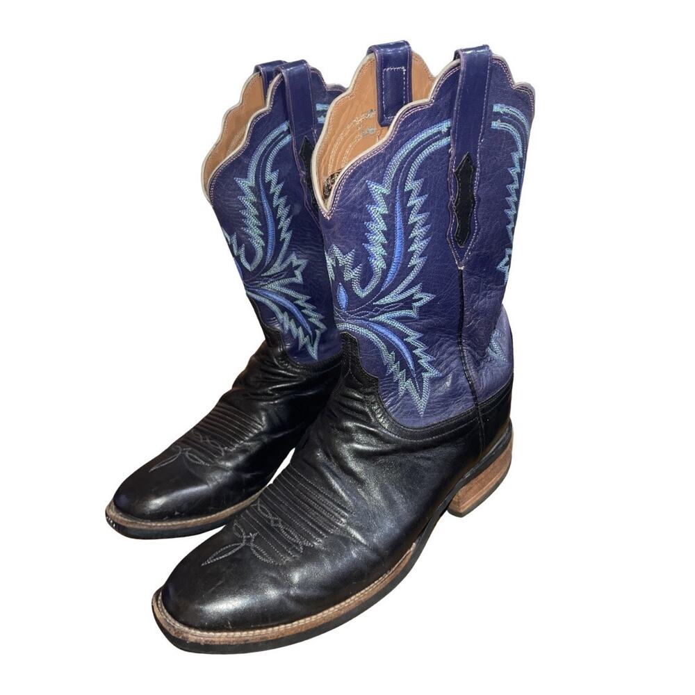 Lucchese Leather Western Cowgirl Boots Black Vamp Blue Purple Shaft SZ 10 Cowboy